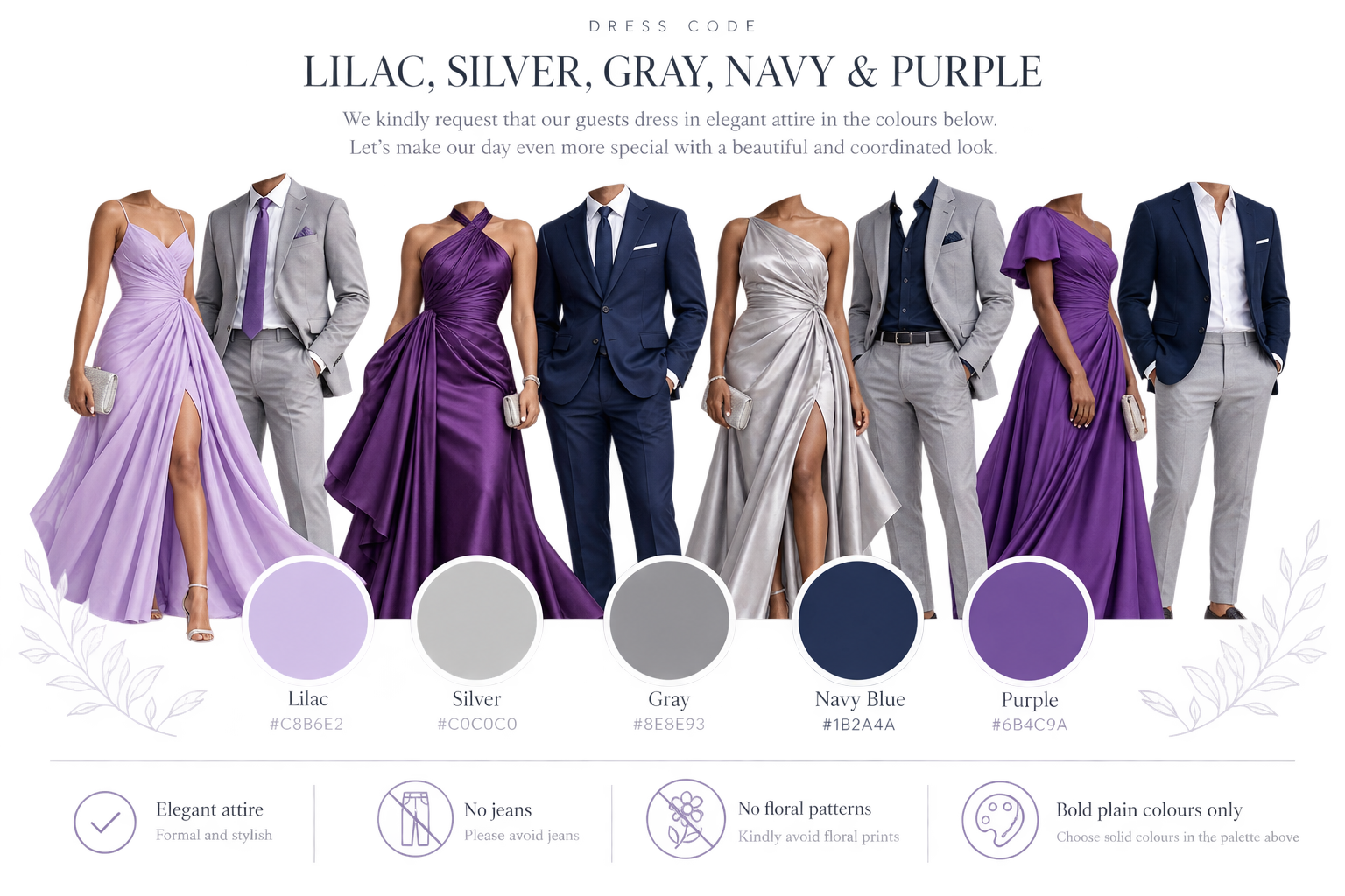 Approved guest dress-code palette and clothing inspiration in lilac, silver, grey, navy blue and purple
